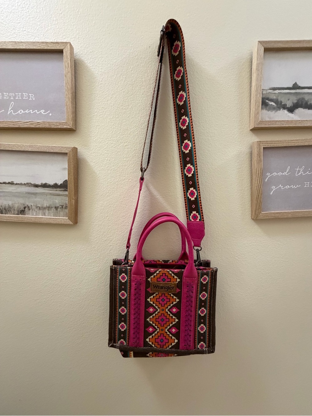 Wrangler Hot Pink Southwestern Crossbody Tote with Patterned Strap